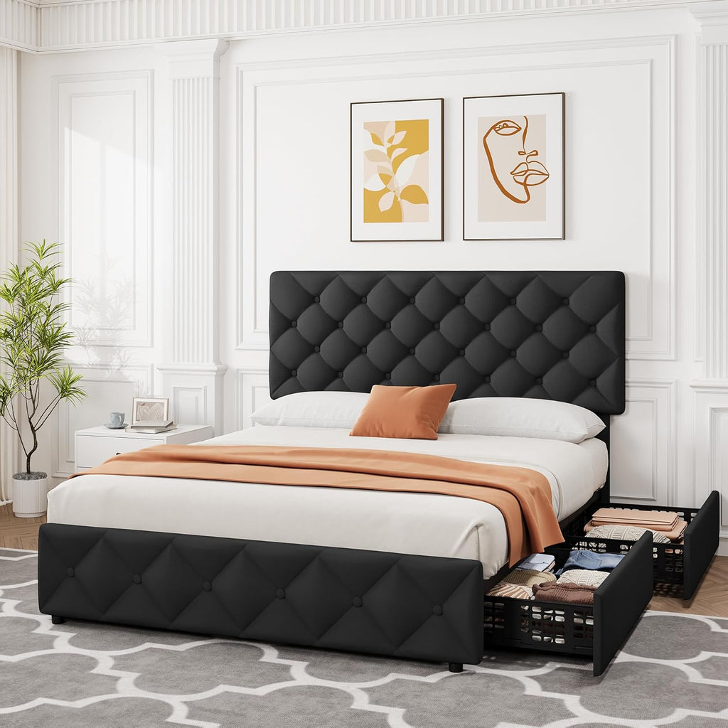 IDEALHOUSE Queen Size Bed Frame with 4 Storage Drawers and Adjustable Headboard, Linen Upholstered Platform Beds, Diamond Stitched Button Tufted, No Box Spring Needed, Black