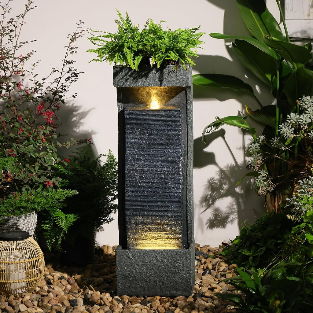 Sunlinua 35H Modern Outdoor Water Fountain with Warm Light Garden Cascading Waterfall Feature for Indoor or Outdoor Cascading Waterfall for Relaxing Garden Patio Backyard Deck Porch or Home Décor
