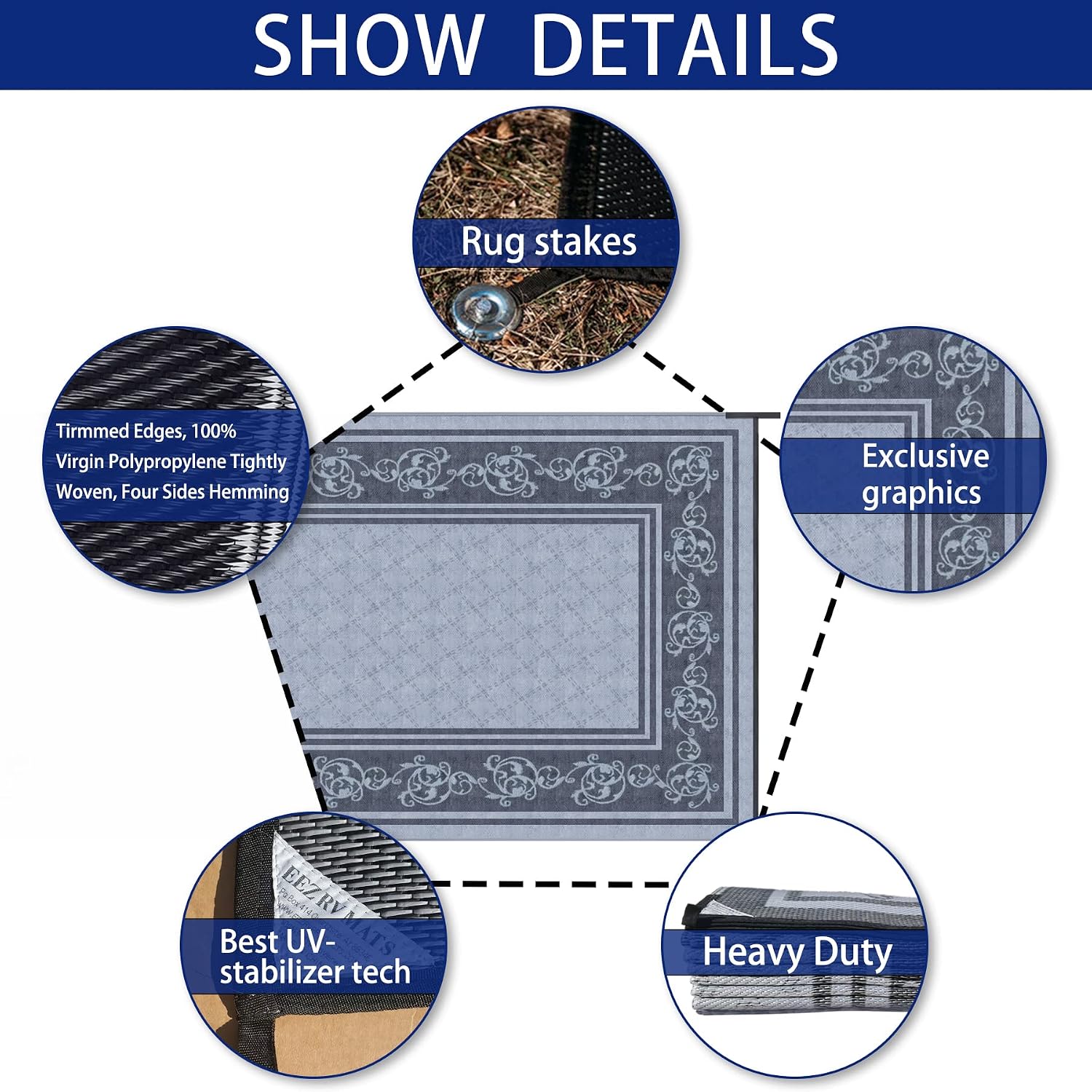 EEZ RV Products 9ft x 18ft Heavy Duty Reversible/Durable Outdoor Patio/RVing Camping Mats Come with Large Storage Bag & 6 Sets of Stakes and Washer, Vine Grey