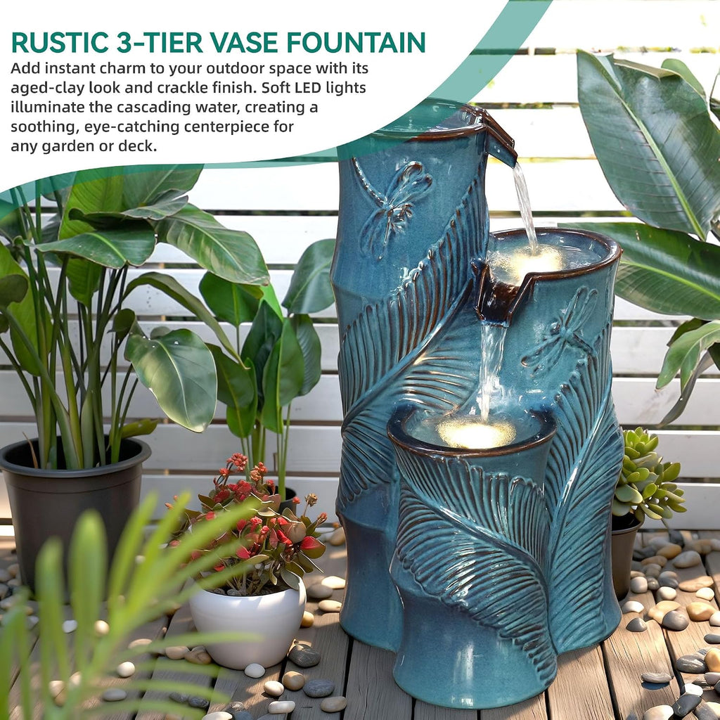 Ceramic Outdoor Water Fountain with LED Lights, 25.5' H 3-Tier Bamboo-Style Water Feature with Tropical Leaf & Dragonfly Texture, Soothing Cascading Waterfall for Garden Patio Yard Oasis
