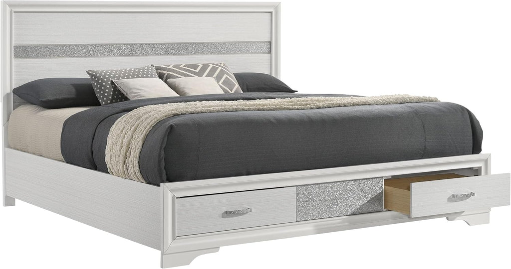 BOWERY HILL King Storage Panel Bed, 50.25' H x 79.25' W x 83.75' D, Asian Hardwood and Particle Board, White and Rhinestone Finish, 2 Drawers, Contemporary Style, Box Spring Required