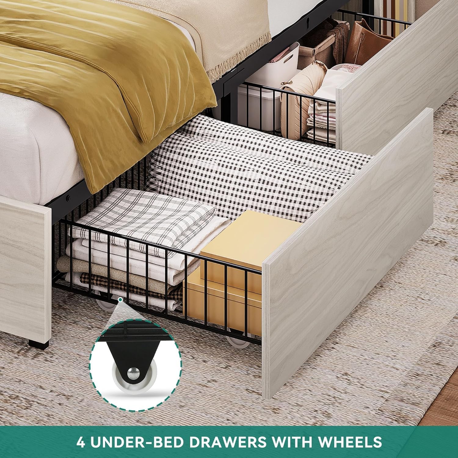 DWVO King Size Bed Frame with Bookcase Headboard and 4 Storage Drawers, RGB LED Bed Frame with Type-C & USB Charging Station Storage Headboard Bed, No Box Spring Needed, Noise Free, Wooden White