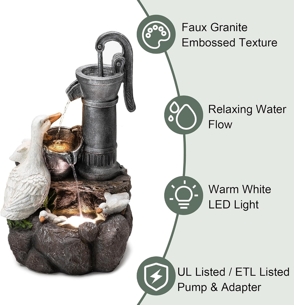 Glitzhome 23.5' Outdoor Duck Fountain with LED Light & Pump, Freestanding 2 Tier Weather-Resistant Patio Fountains Waterfall, Farmhouse Duck Family Sculpture Water Fountain for Backyard Lawn Decor