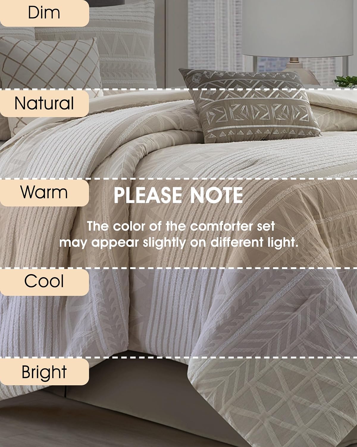 LANCO MODERN LIFESTYLE Cotton Comforter Set Queen, Gorgeous Geometric Jacquard, Beige Soft Lightweight Bedding Set for All Seasons, Bedskirt, Pillow Shams and Decor Pillows