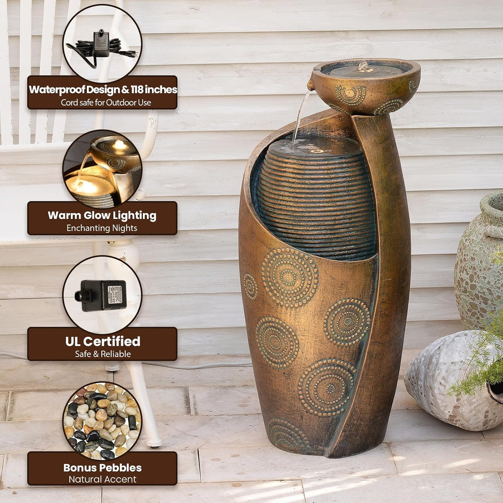 Tankana Outdoor Water Fountain Feature Indoor Garden Large Jar Floor Standing Fountains Waterfall with LED Light & Pump for Home Decor Office Yard Patio Deck Porch, Goldish-Bronze, 32 inches