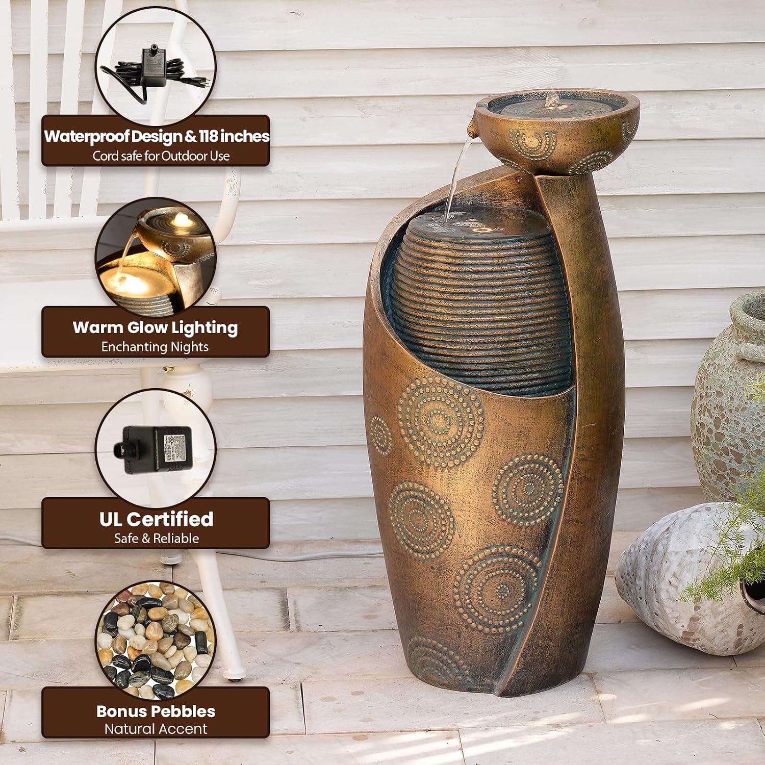 Tankana Outdoor Water Fountain Feature Indoor Garden Large Jar Floor Standing Fountains Waterfall with LED Light & Pump for Home Decor Office Yard Patio Deck Porch, Goldish-Bronze, 32 inches