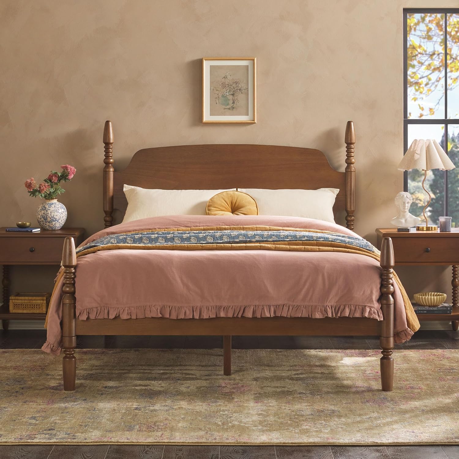Walker Edison EZ Assembly™ Traditional Wood Spindle Post Bed, Modern Farmhouse Bed Frame Queen Bed Frame with Headboard, No Box Spring Required, Queen Size, Dark Brown
