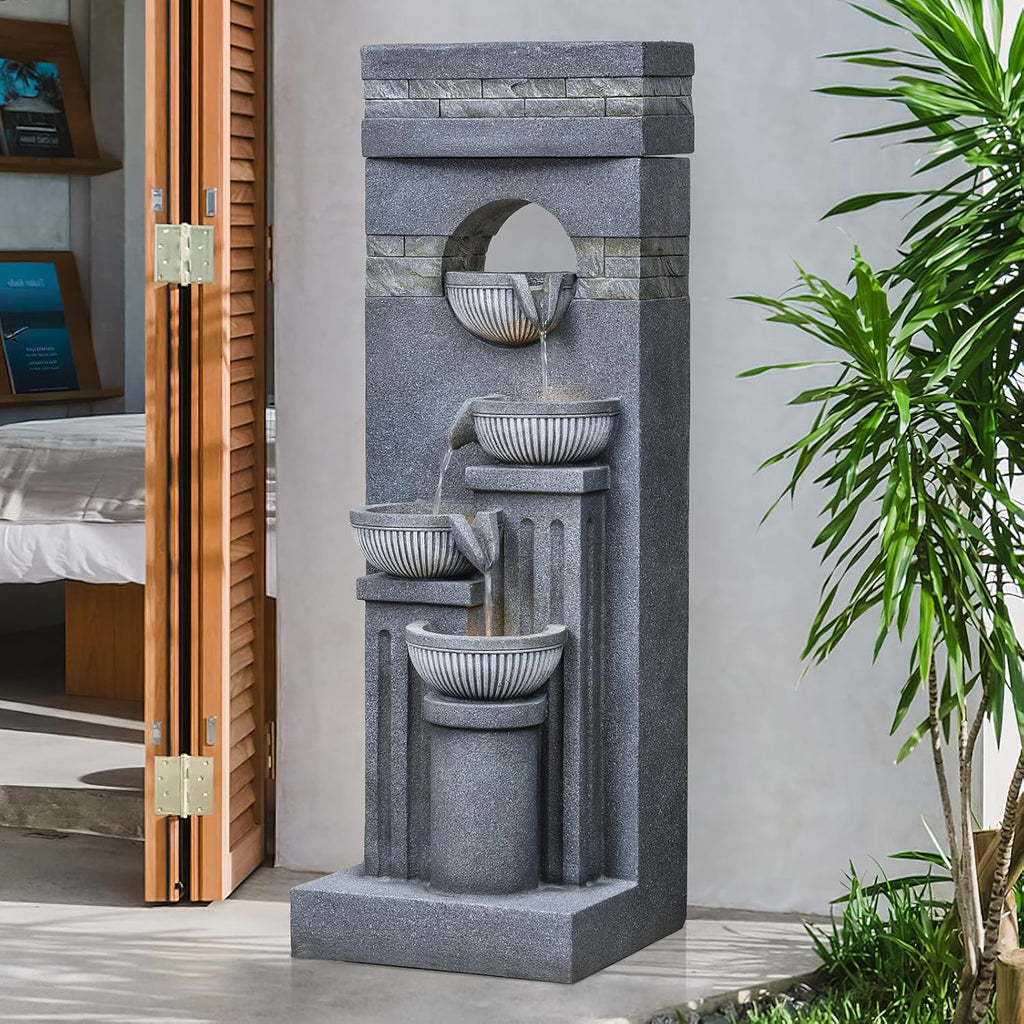 42.52' Outdoor Garden Water Fountain with Lights Floor-Standing 4 Tiers Cascading Large Waterfall Fountain for Patio, Backyard, Deck, Porch and Home Art Decor