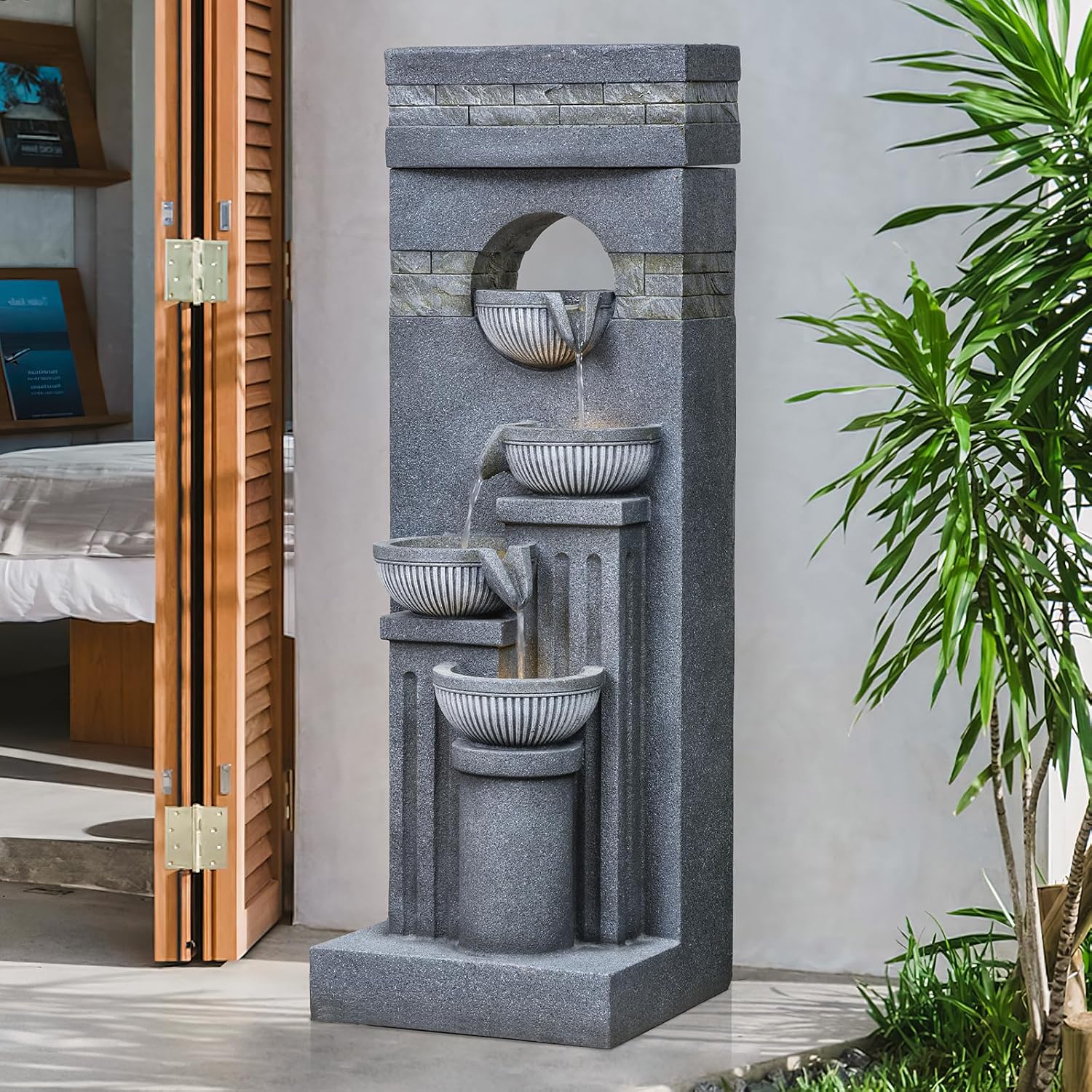42.52' Outdoor Garden Water Fountain with Lights Floor-Standing 4 Tiers Cascading Large Waterfall Fountain for Patio, Backyard, Deck, Porch and Home Art Decor