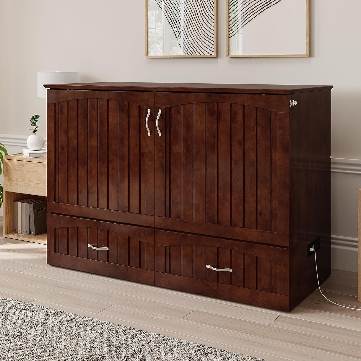 AFI, Southampton Murphy Bed Chest Full with 6' Mattress, Built-in USB Charger & Storage Drawer, Walnut