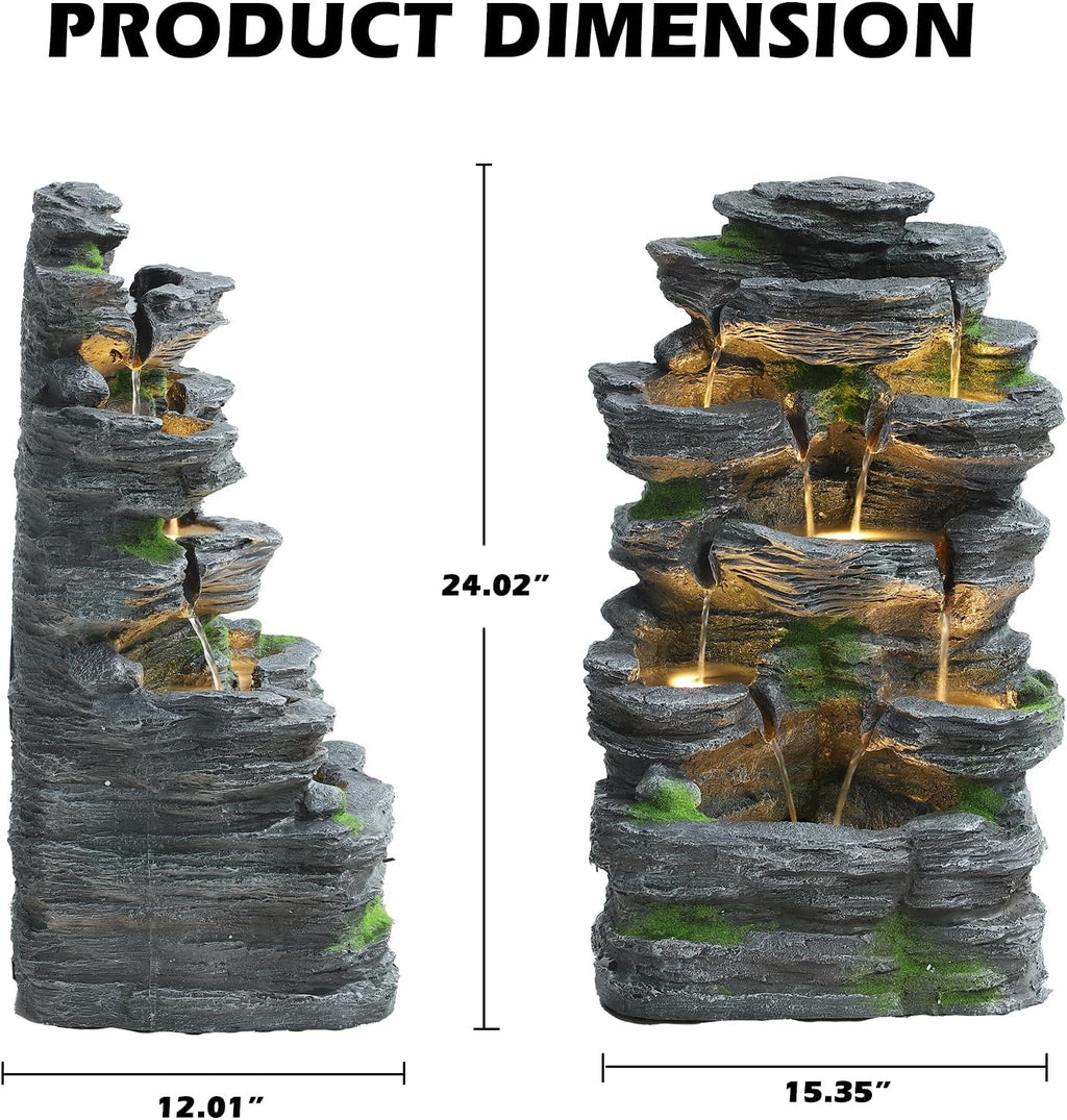 7 Tiers Cascading Rock Water Fountain with LED Lights, Outdoor Waterfall Fountain for Garden, Deck, Backyard, Patio, Porch, Natural Stone Look