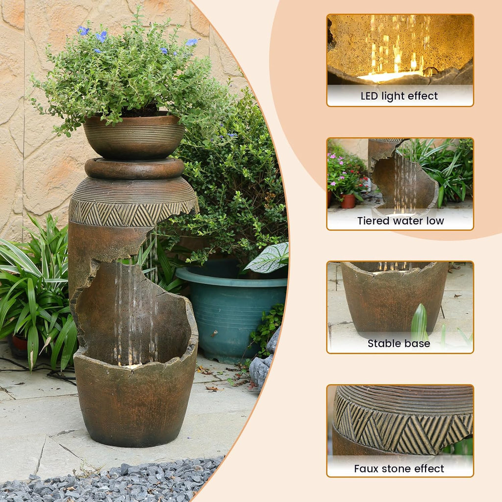 Free Standing Garden Fountain with Planter, Tiered Urn Water Fountain Outdoor, Cascading Waterfall Resin Fountain for Patio, Yard, Porch and Home Décor, Cracked Urn Design(Terracotta Brown)