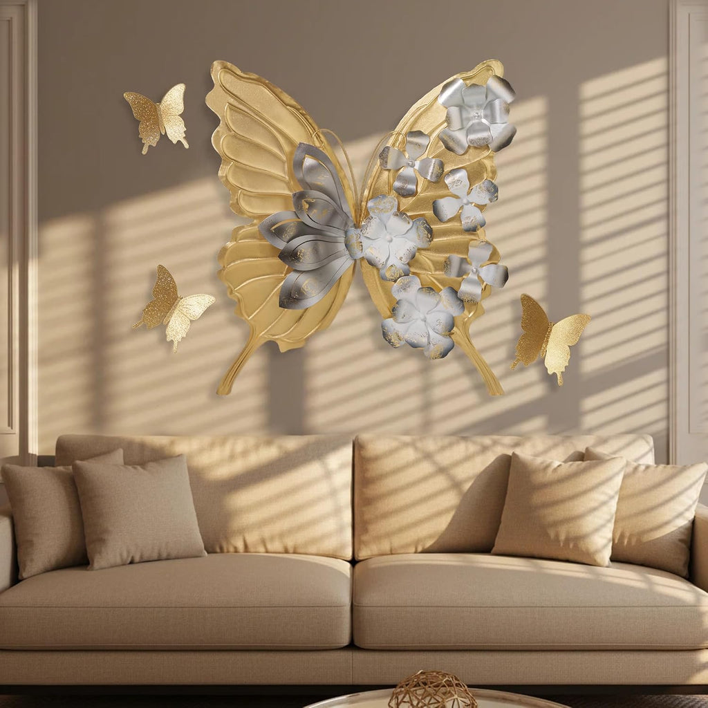 XWYLFDC Large Sized 3D Metal Wall Art Featuring Golden Butterfly With Black And White Gradient Flowers Exudes Luxury And Is Suitable Wall Decor For Living rooms Bedrooms Kitchens And Offices