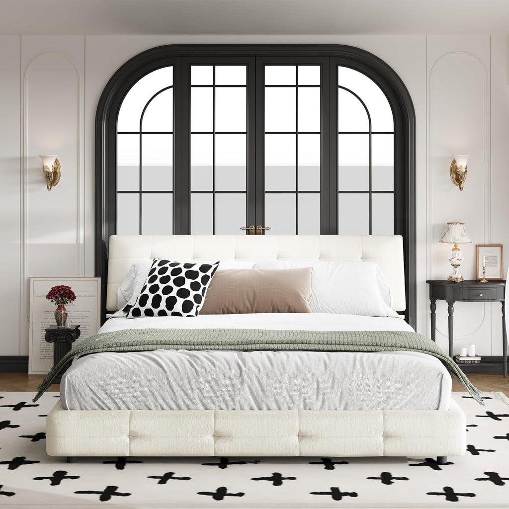 King Size Platform Bed Frame, Tufted Headboard with Extra-Large Ultra-Soft Cloud Pillow Design, Chenille Platform Bed with Metal and Wooden Slats Double Support, No Box Spring Needed (Beige-King,7)