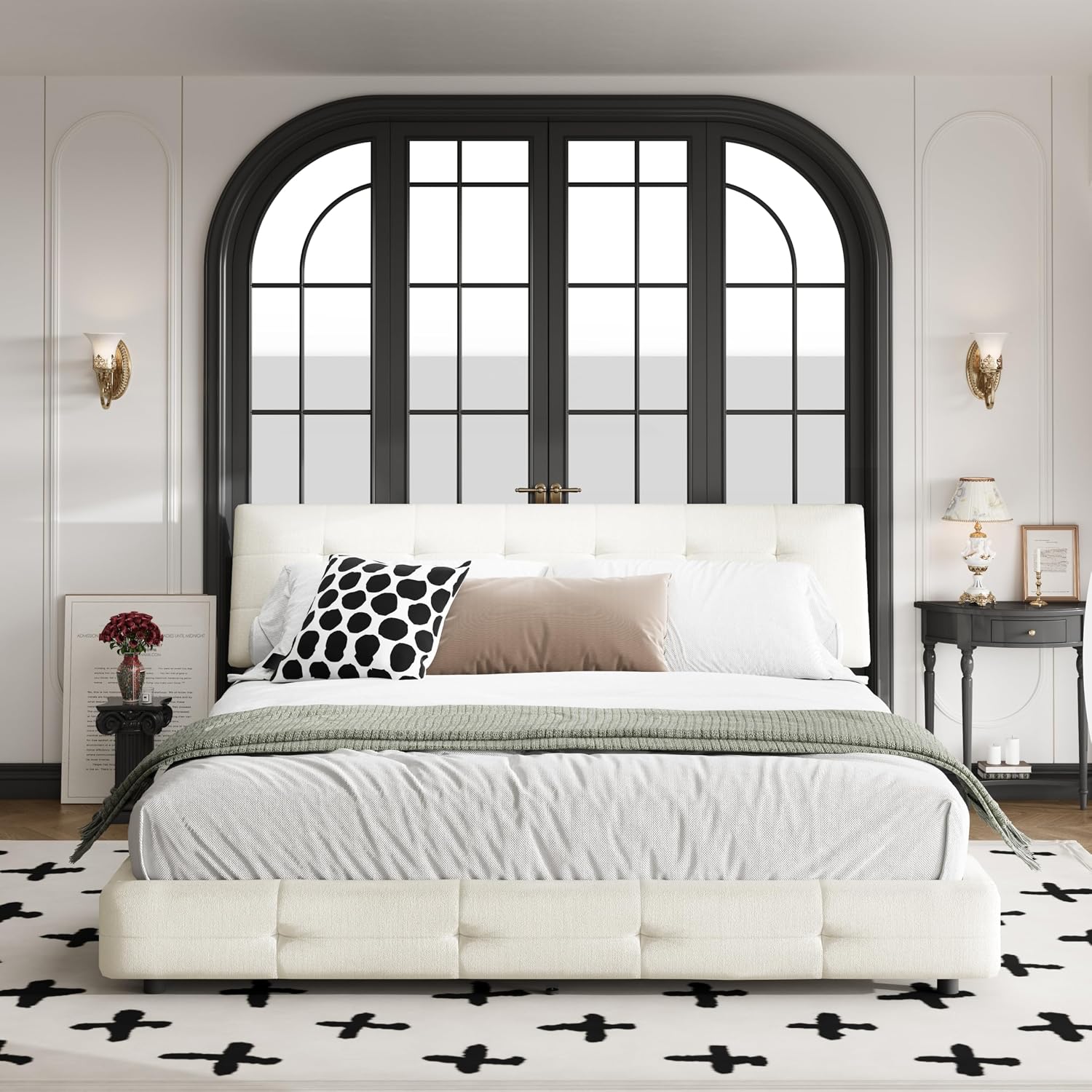 King Size Platform Bed Frame, Tufted Headboard with Extra-Large Ultra-Soft Cloud Pillow Design, Chenille Platform Bed with Metal and Wooden Slats Double Support, No Box Spring Needed (Beige-King,7)