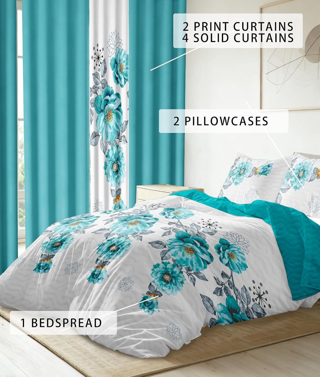 9 Pcs Cal King Bed in A Bag with Curtains | Teal Floral Bedspread, 2 Pillowcases, 2 Print & 4 Solid Curtains | Microfiber, Cotton-Like Touch | Bedroom | Bedspread and Curtain Sets