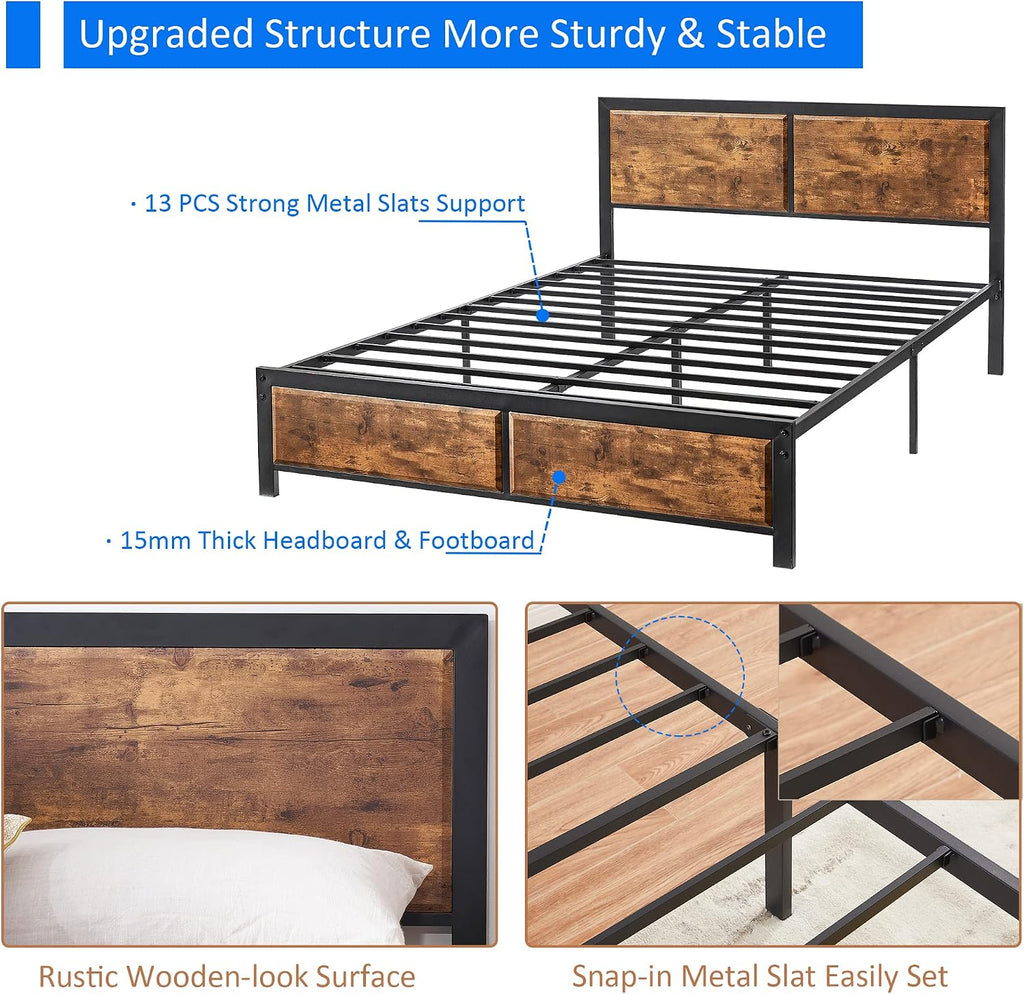 VECELO Queen Platform Bed Frame/Mattress Foundation with Rustic Vintage Wood Headboard, Strong Metal Slats Support, No Box Spring Needed