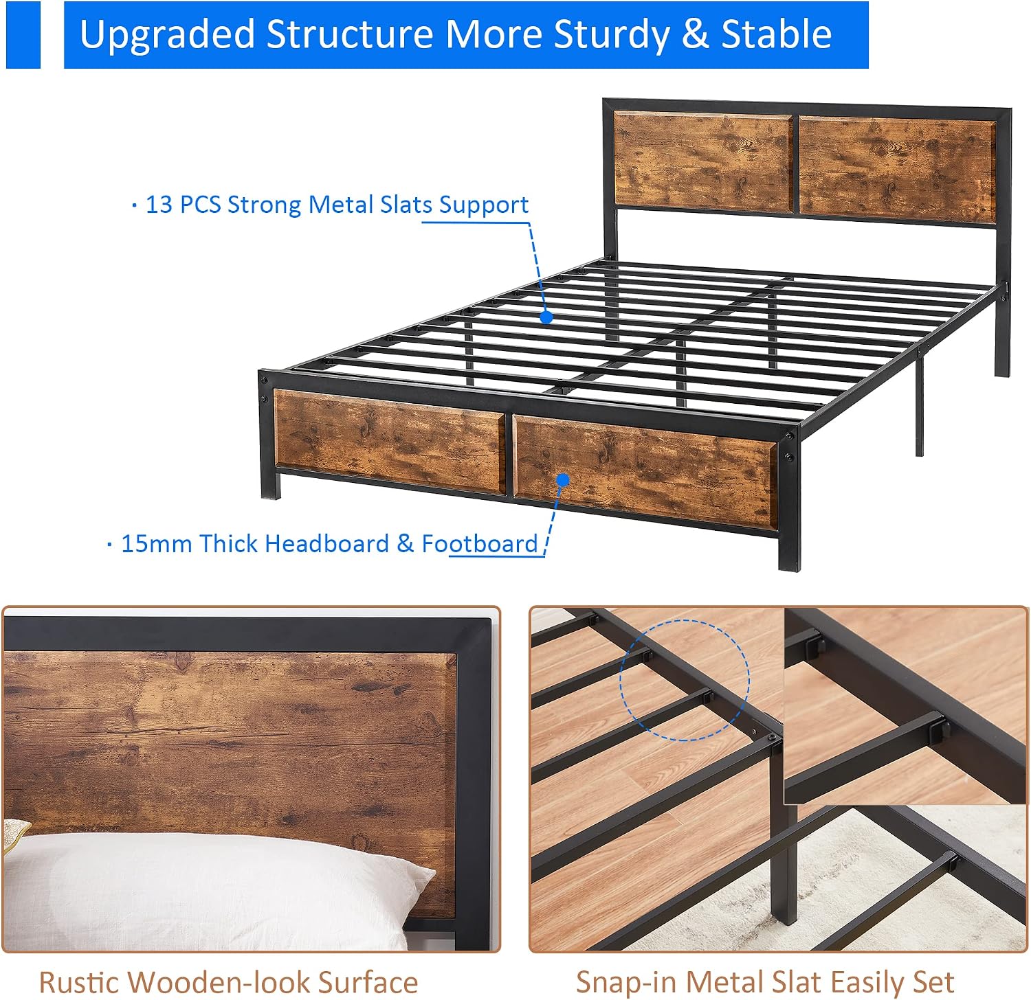 VECELO Queen Platform Bed Frame/Mattress Foundation with Rustic Vintage Wood Headboard, Strong Metal Slats Support, No Box Spring Needed
