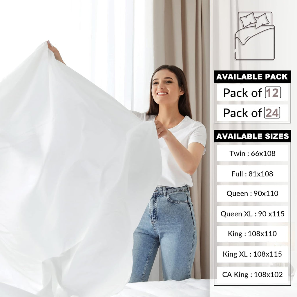 Twin Flat Sheet Pack of 12 Bulk (66 x 108 Inches) White Polycotton T-200 Percale Weave - Top Bed Sheet for Home Bedding, Hospital, Massage Table Hotel, Easy Care, Soft Feel (12, Twin T-200 Flat Sheet)