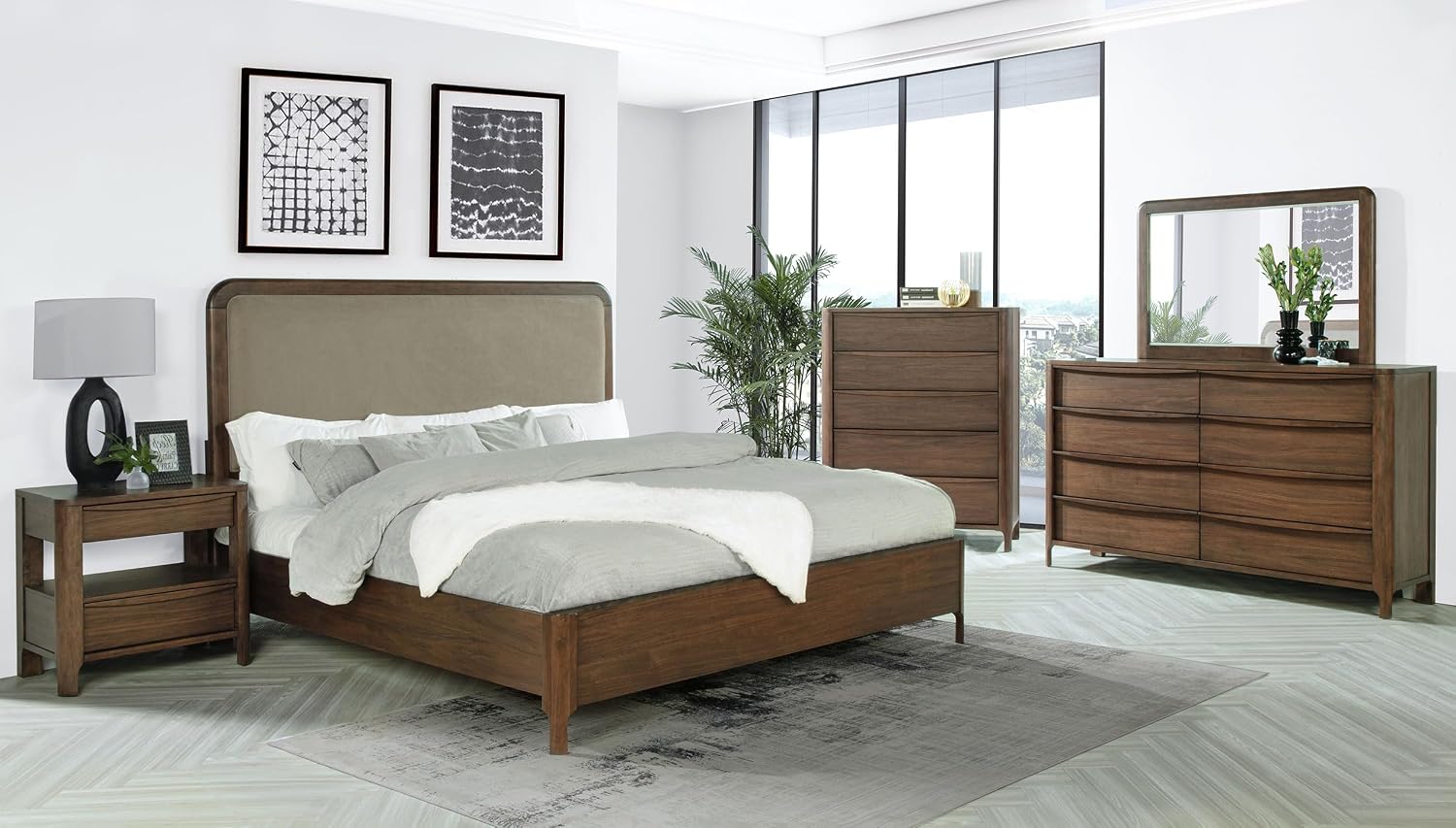 Coaster Home Furnishings Maderia Transitional 5-Piece Bedroom Set Fabric Upholstered Queen Size Panel Bed Frame 57-inch Headboard Walnut 223321Q-S5