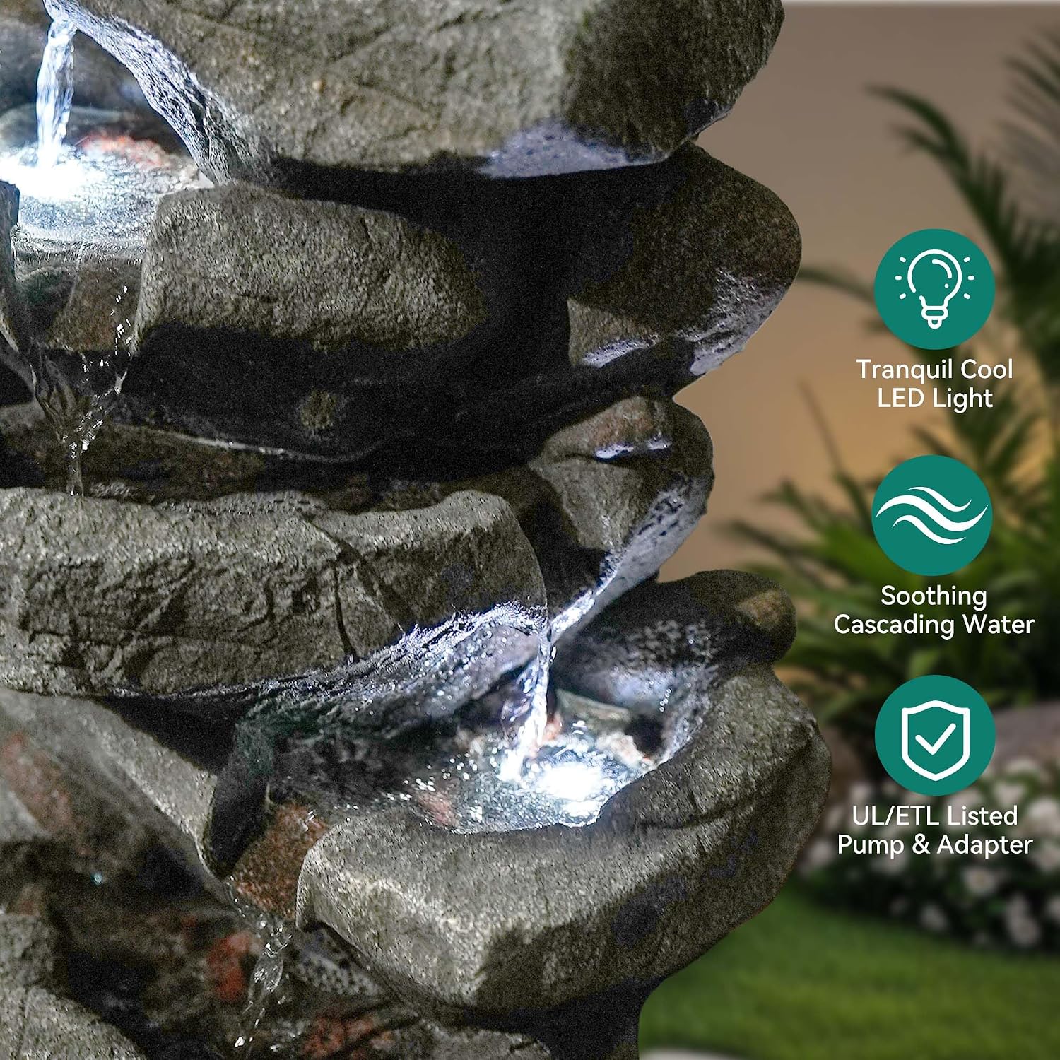 20' H Outdoor Water Fountain with LED Lights, 5-Tier Rock Outdoor Fountain with Pump,Polyresin Cascading Freestanding Waterfall Feature for Tranquil Garden, Patio or Porch