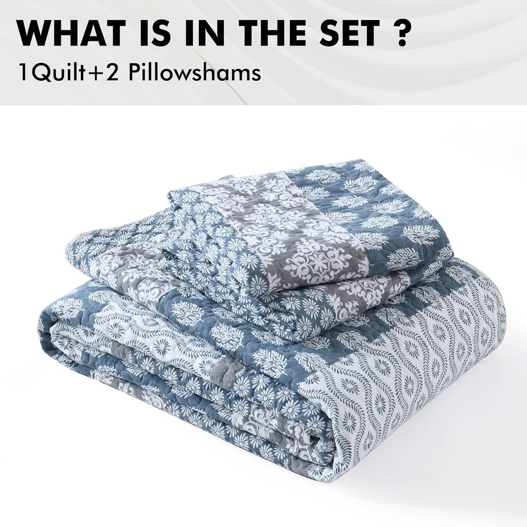 PERHOM Quilt King Size - 100% Long-Staple Cotton Lightweight King Quilt Set, Blue Gray Striped Bedding Set for King Bed, Farmhouse Floral Patchwork Reversible Bedspreads All Seasons, 3 Pieces