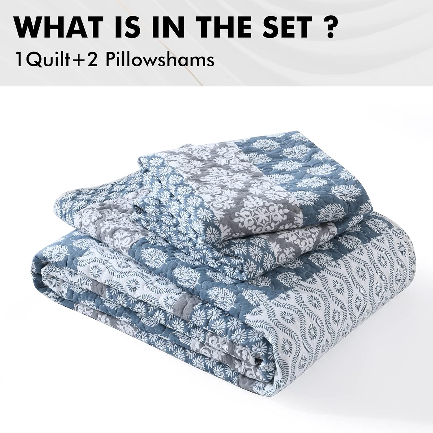 PERHOM Quilt King Size - 100% Long-Staple Cotton Lightweight King Quilt Set, Blue Gray Striped Bedding Set for King Bed, Farmhouse Floral Patchwork Reversible Bedspreads All Seasons, 3 Pieces