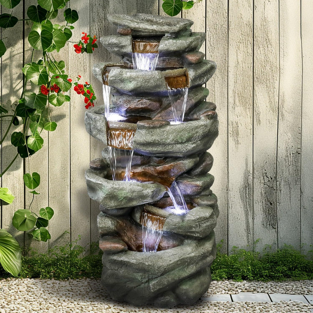 SunJet 40.5' High Rocks Outdoor Water Fountain - 6-Tiers Cascading Waterfall with LED Lights, Soothing Tranquility for Home Garden, Yard Decor