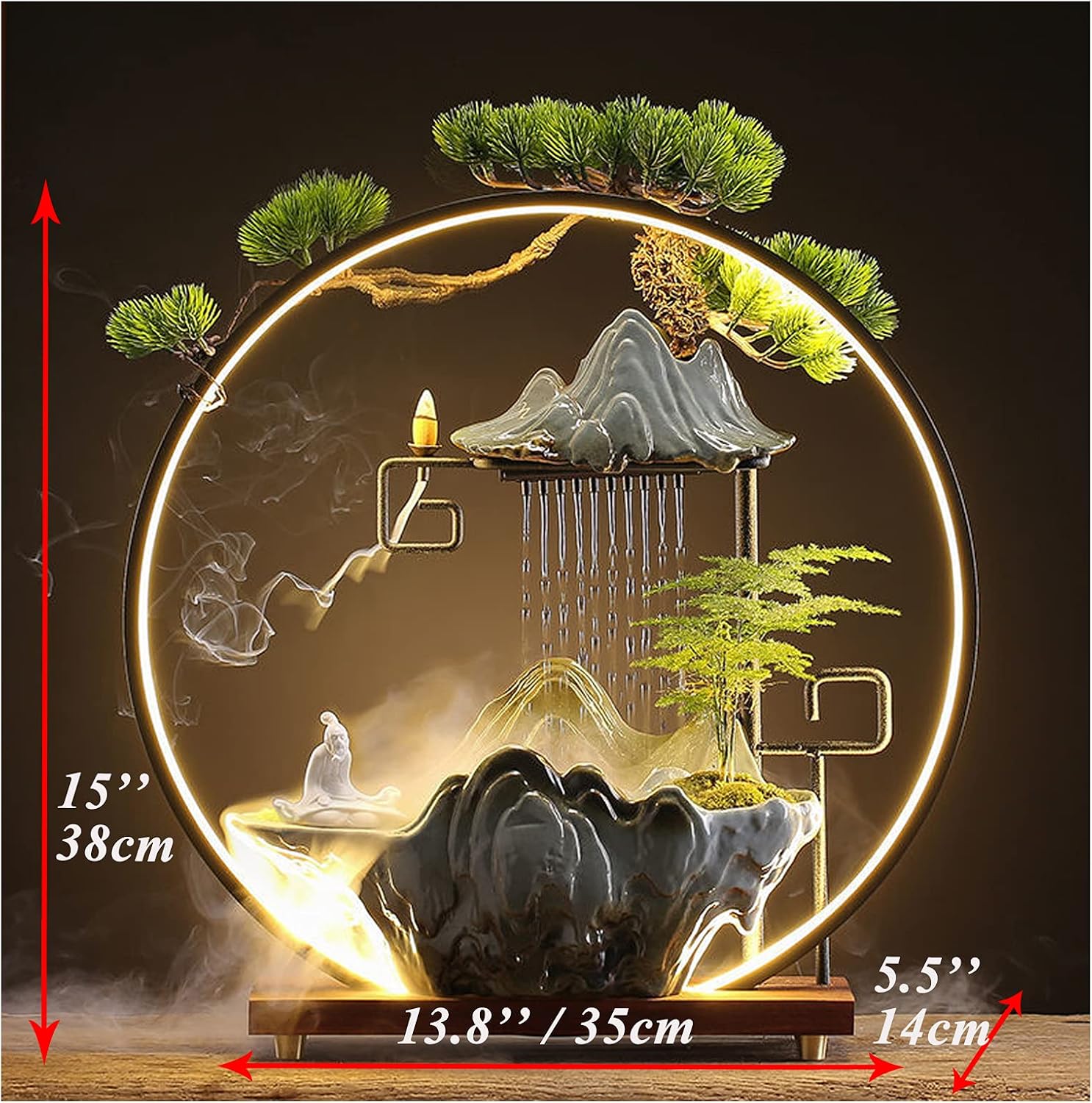 Elder Tabletop Indoor Water Fountains Waterfall with LED Light Zen Decor for Meditation with Mist Japanese Decor with Fake Plants Feng Shui Decoration for Good Luck Wealth