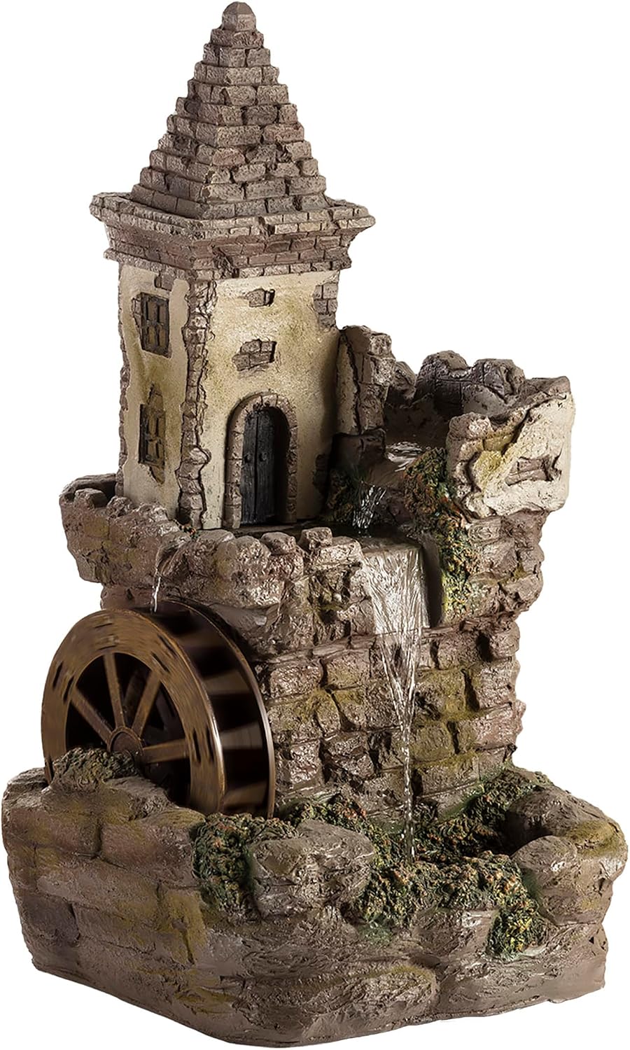 Alpine Corporation USA1164 Outdoor Floor Tiered Fairy Castle Waterwheel Water Fountain with Realistic Stone Look, 35', Brown