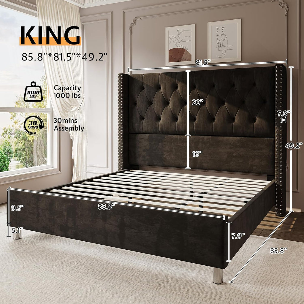 PaPaJet Upholstered King Bed Frame with Tall Headboard, Wingback Platform Bed, Low Profile Velvet Tufted Button, No Box Spring Needed, Easy Assembly, Black