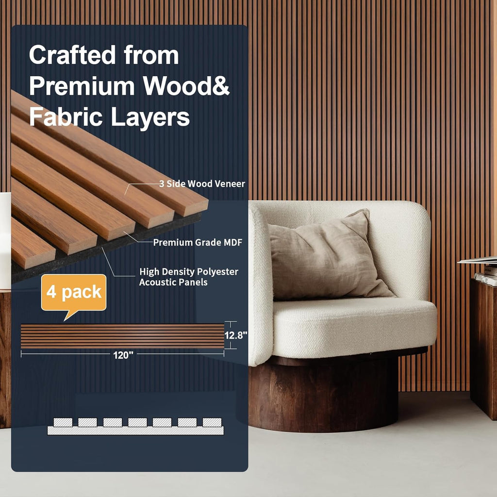 NeatiEase Wood Panels for Wall, 4-Piece 120' x 12.6' Soundproof Wood Slat Wall Panel for Interior Wall Decor Noise Cancelling, Acoustic Wall Panels, Sound Absorbing Panel (Teak)