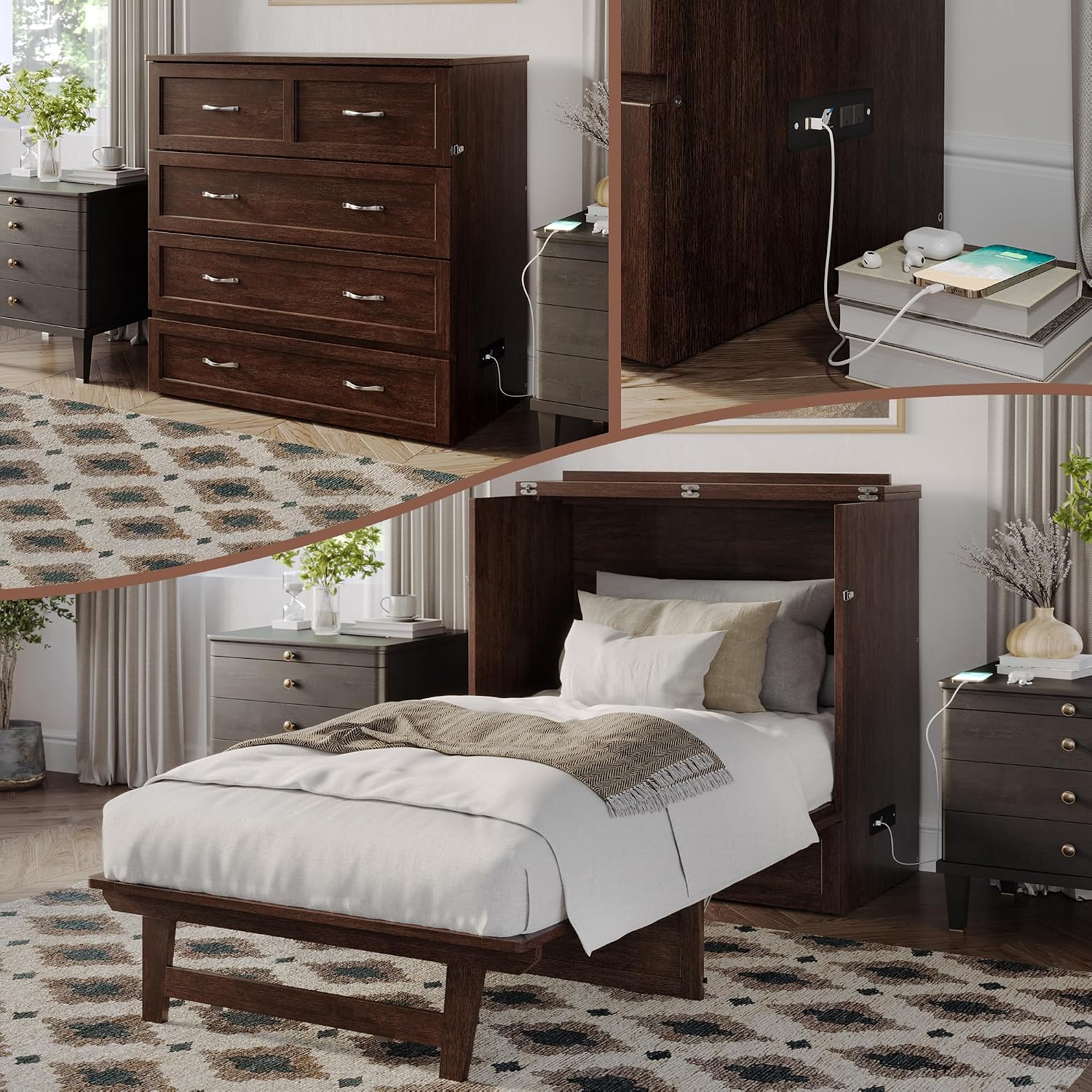 AFI, Northfield Murphy Bed Chest Twin XL with 6' Mattress, Storage Drawer & Built-in USB Charger, Burnt Amber