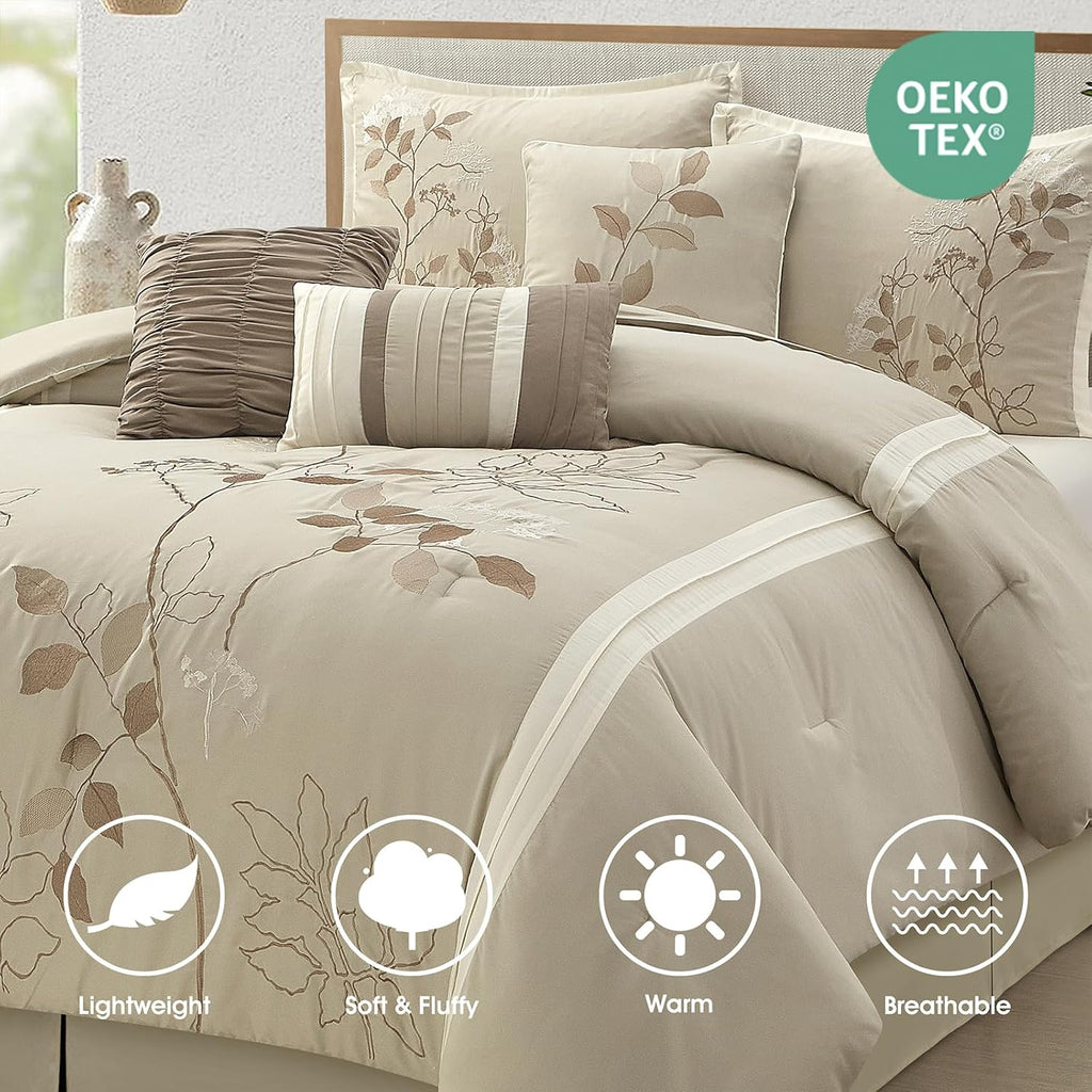LANCO MODERN LIFESTYLE Beige King Comforter Set, 7 Pieces Bed in a Bag, Elegant Floral Leaves Embroidery, Soft and Lightweight All Seasons Bedding Set, Bedskirt, Pillow Shams, Decor Pillows