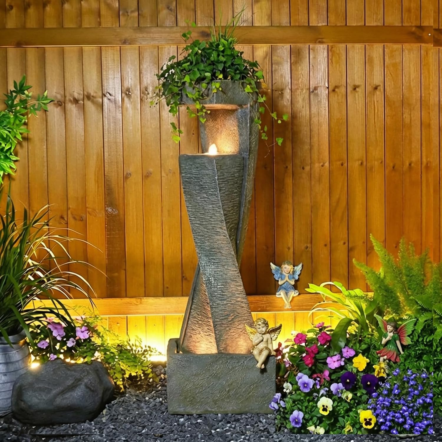 47.2' H Garden Fountains Outdoor Modern Water Fountain Indoor Floor Standing Large Waterfall with LED Lights and Pump for Patio Decor, Yard Decorations