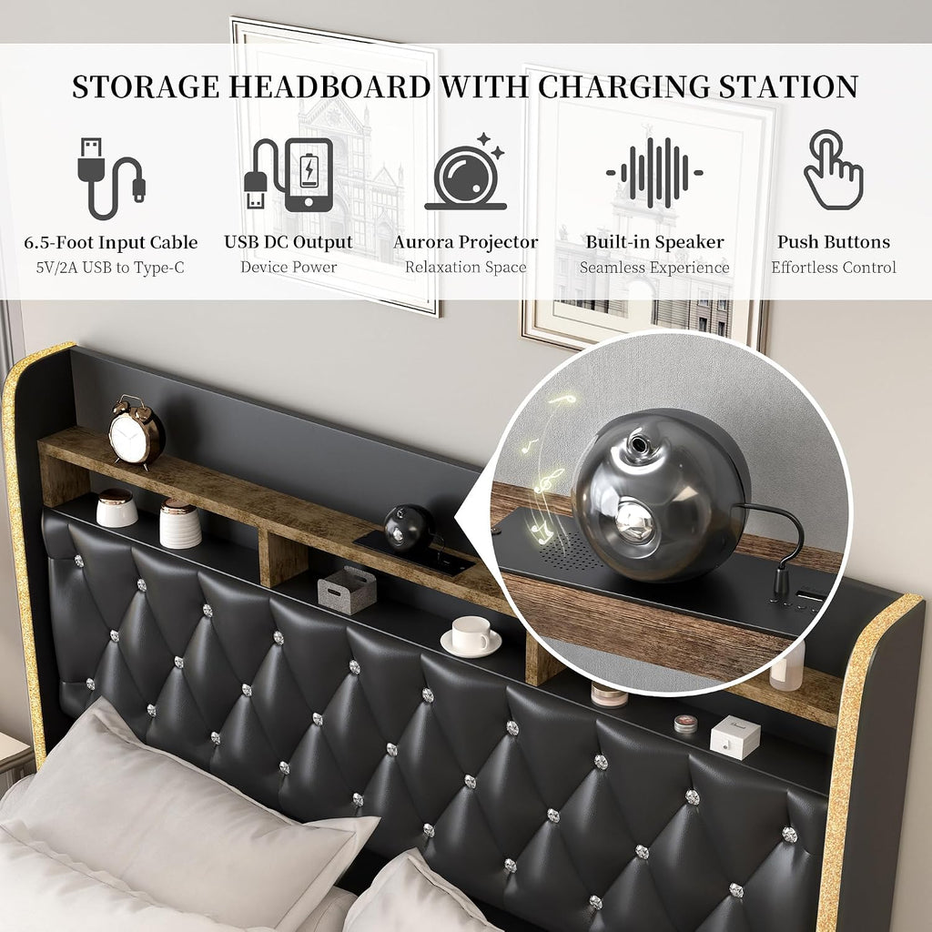 SIBEDS Queen LED Bed Frame with 2 Storage Drawers, PU Upholstered Platform Beds with Galaxy Star Projector Charging Station Speaker, Aurora Bedframe with 2-Tier Storage Headboard, Noise-Free, Black