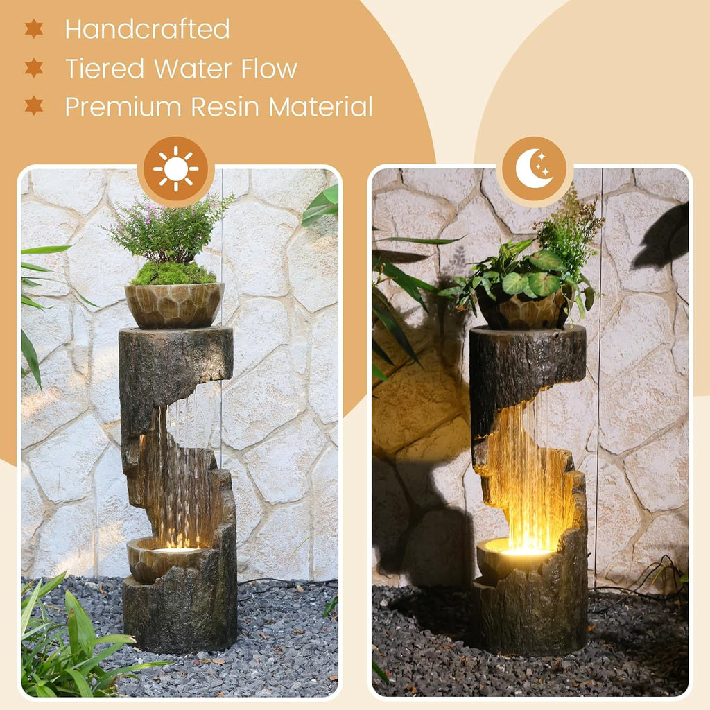Outdoor Fountain Garden - Patio Waterfall Fountain with Lights, Rustic Wood-Style Cascading Waterfall with Planter Bird Feeder, Resin Water Feature for Deck, Patio, Backyard or Porch, 33.9' H