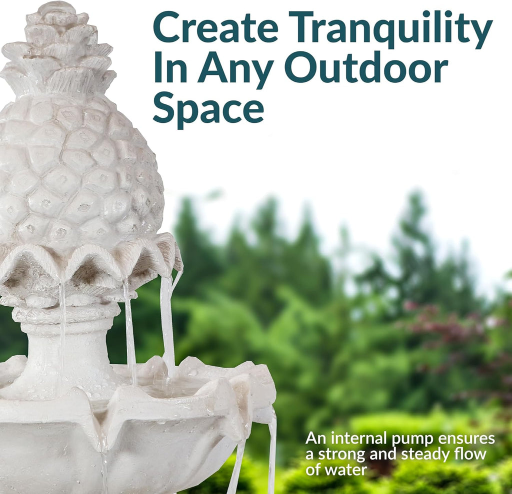 Sunnydaze 57' H Welcome 3-Tier Water Fountain - Large Electric Water Fountain with Pineapple Topper for Garden, Patio or Yard - White