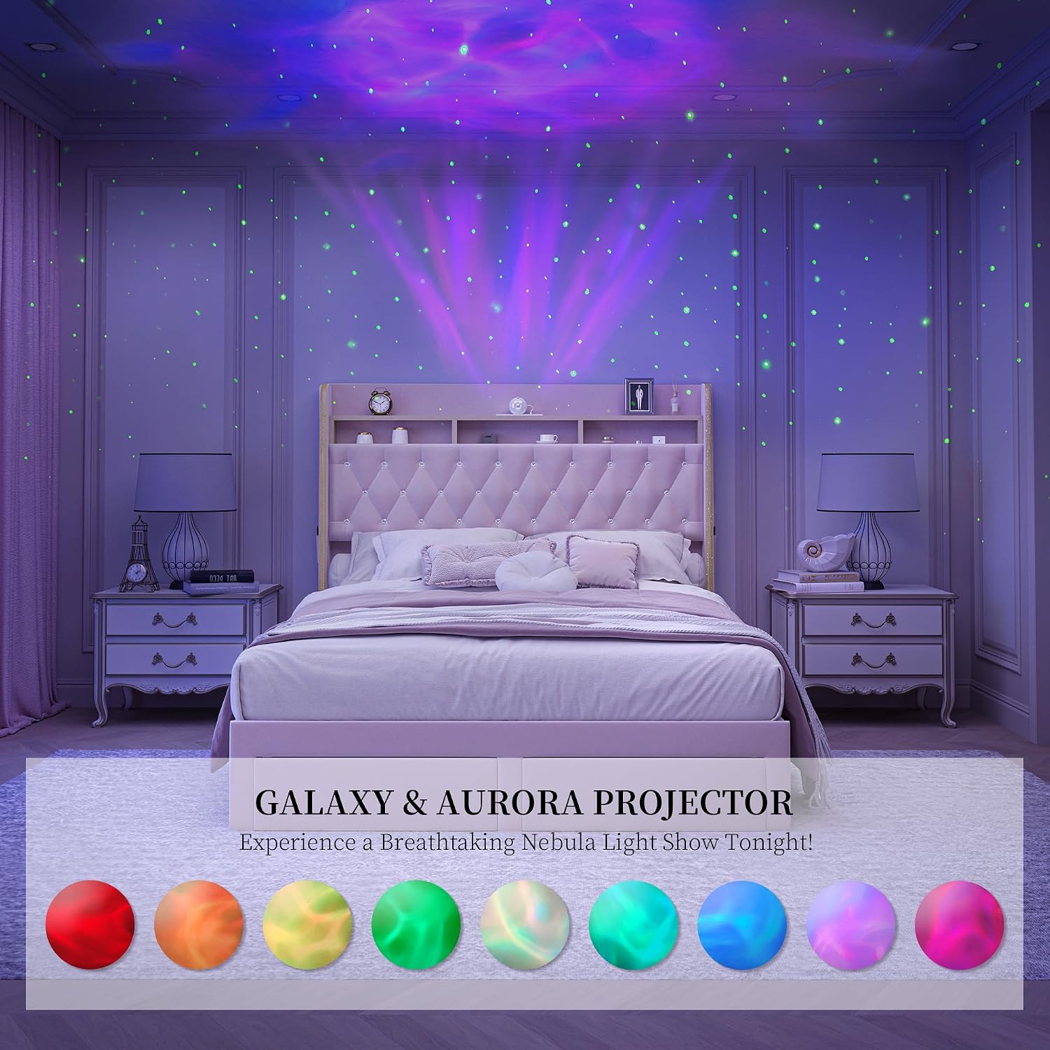 SIBEDS Full LED Bed Frame with Storage Drawers, Velvet Upholstered Platform Beds with Galaxy Star Projector Charging Station Speaker, Aurora Bedframe with 2-Tier Storage Headboard, Noise-Free, Pink
