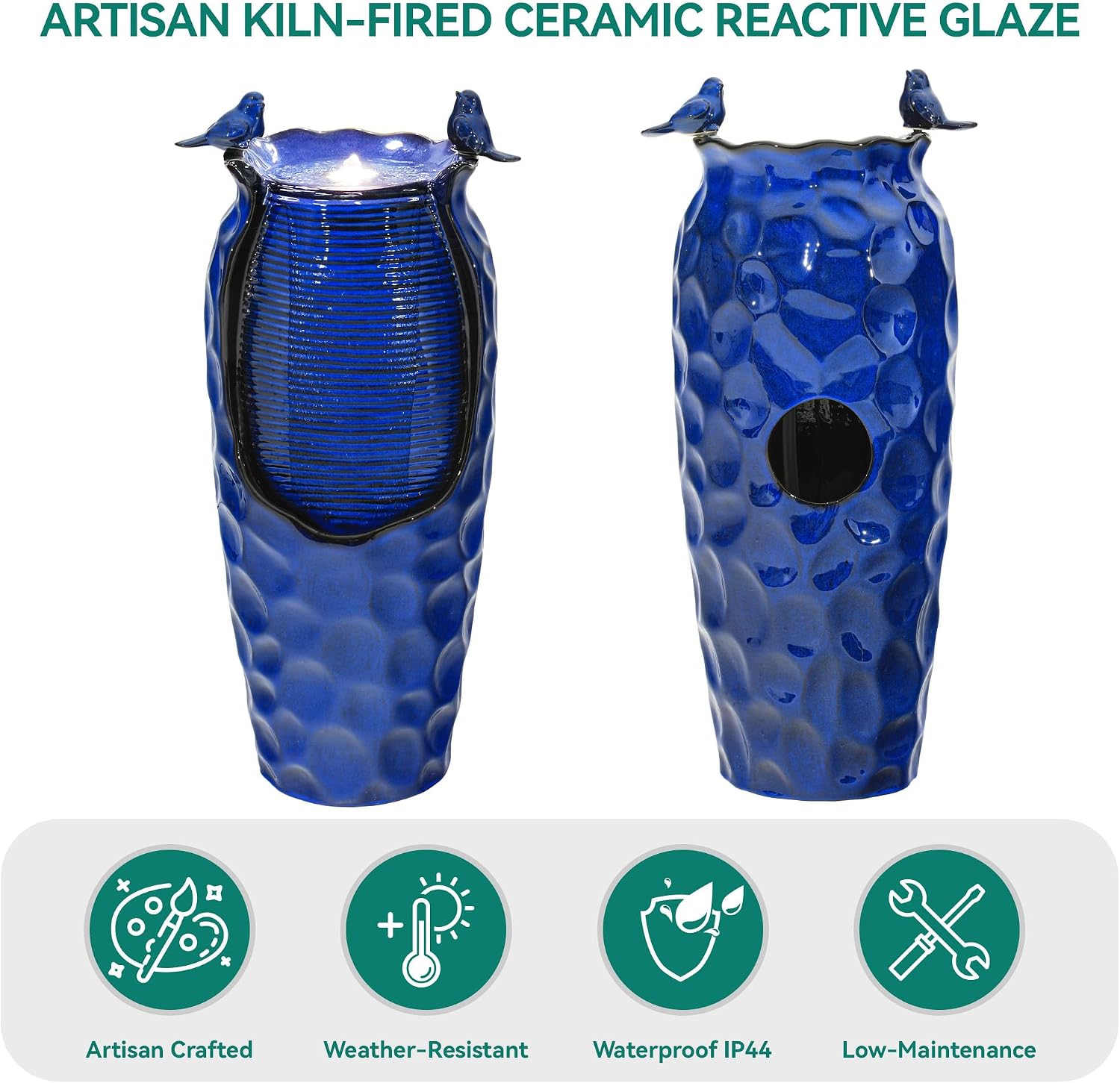 33' H Ceramic Jar Outdoor Water Fountain, Cobalt Blue Water Feature with Hammered Texture & Birds, Soothing Cascading Waterfall for Outside Garden Patio Yard Porch Decor, Mom Gift