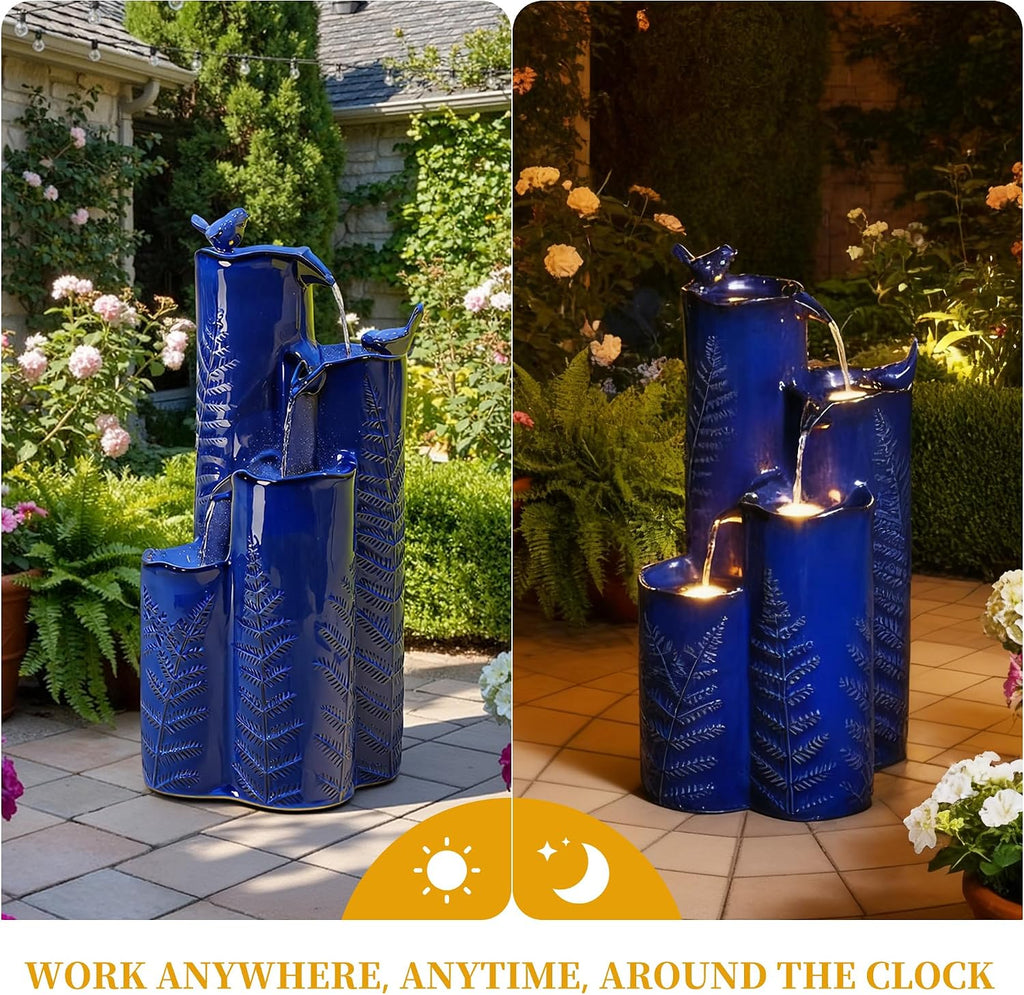 32' Outdoor Water Fountain, Ceramic Outdoor Fountain, Stacked 4-Tier Vase Waterfalls for Garden, Patio, Yard, or Porch Decor, Creating Relaxing Serene Oasis, Embossed Leaf Pattern, Cobalt Blue
