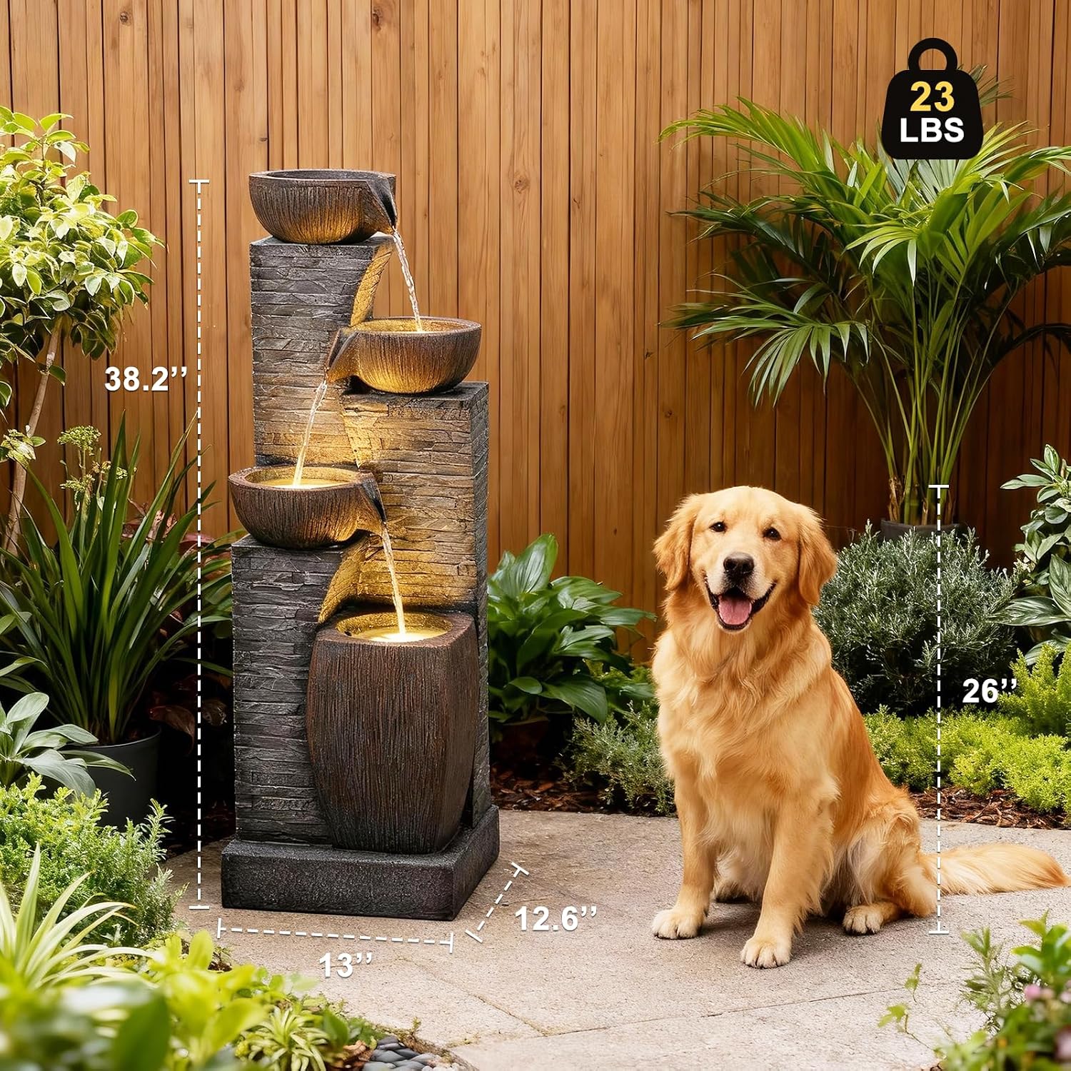 38.2' Tall Outdoor Water Fountain,Stone Texture Modern 4 Tiers Cascading Bowls Garden Fountains Outdoor,Suit for Patio, Deck, Porch, Lawns, Backyard and Home Art Decor