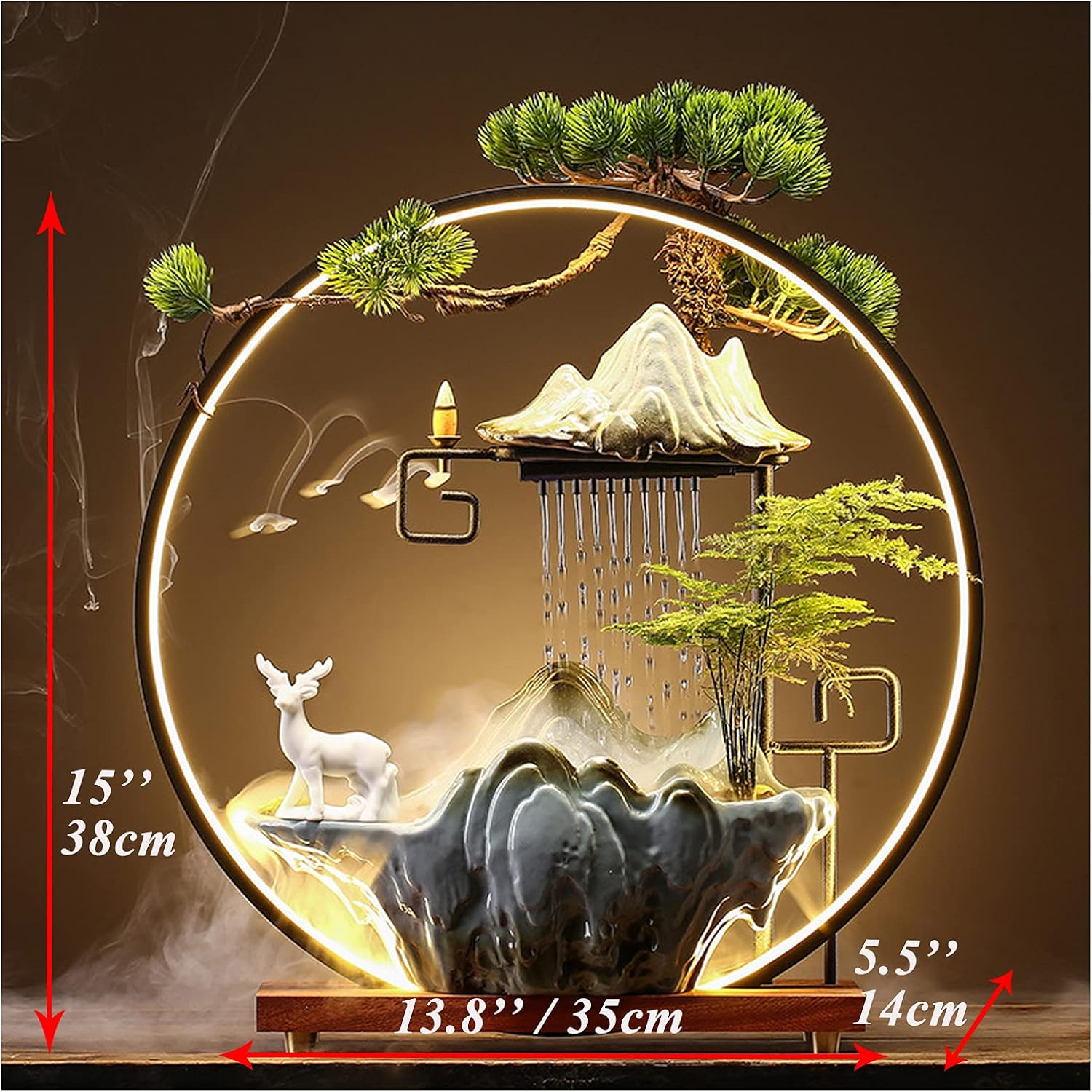 Deer Tabletop Water Fountains Indoor Waterfall with LED Light Zen Decor for Meditation with Mist Japanese Decor with Fake Plants Feng Shui Decoration for Good Luck Wealth