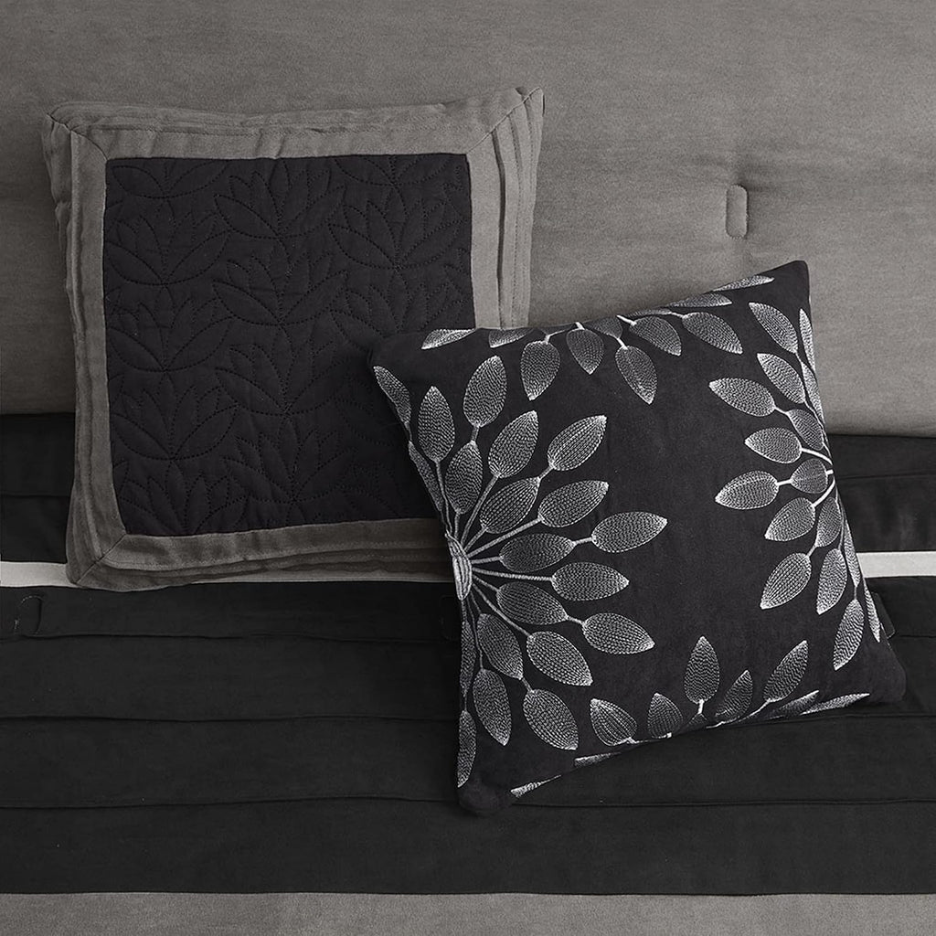 Madison Park Palmer Comforter Set - Faux Suede Design, Striped Accent, All Season Down Alternative Bedding, Matching Shams, Decorative Pillow, Bed Skirt, King (104 in x 92 in), Black 7 Piece