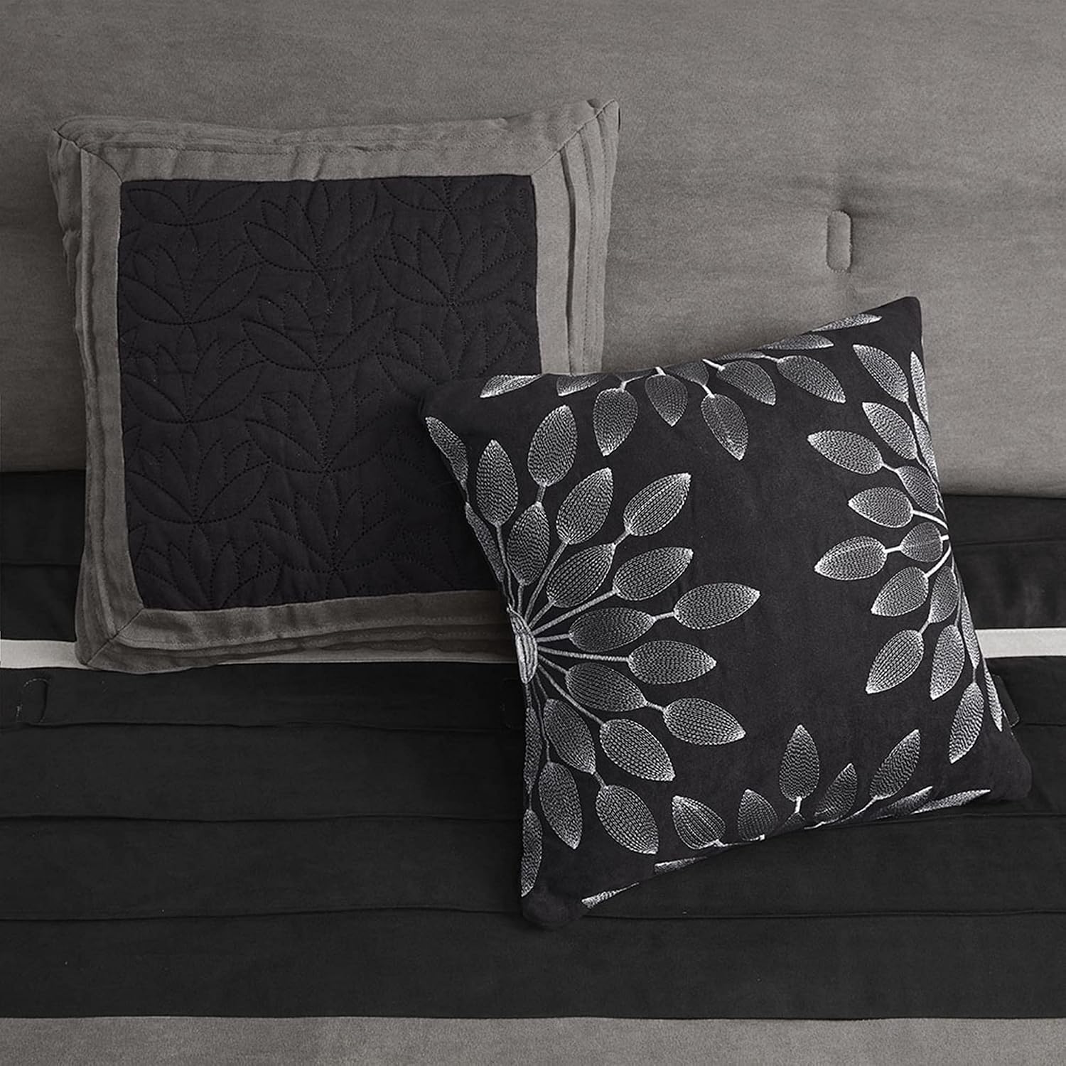 Madison Park Palmer Comforter Set - Faux Suede Design, Striped Accent, All Season Down Alternative Bedding, Matching Shams, Decorative Pillow, Bed Skirt, King (104 in x 92 in), Black 7 Piece