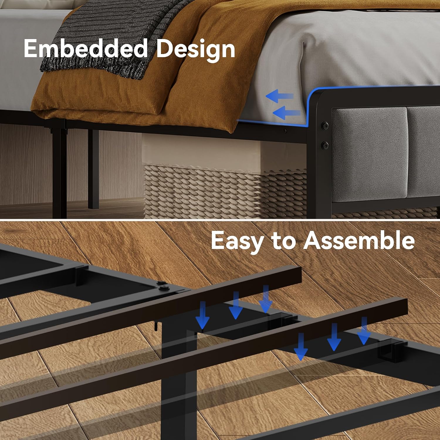 BedsPick Full Size Bed Frame with Ergonomic Headboard, Upholstered Metal Platform Bed Full with 2-Tier Storage, Charging Station, Smart LED Lights, Easy Assembly, No Box Spring Needed, Gray