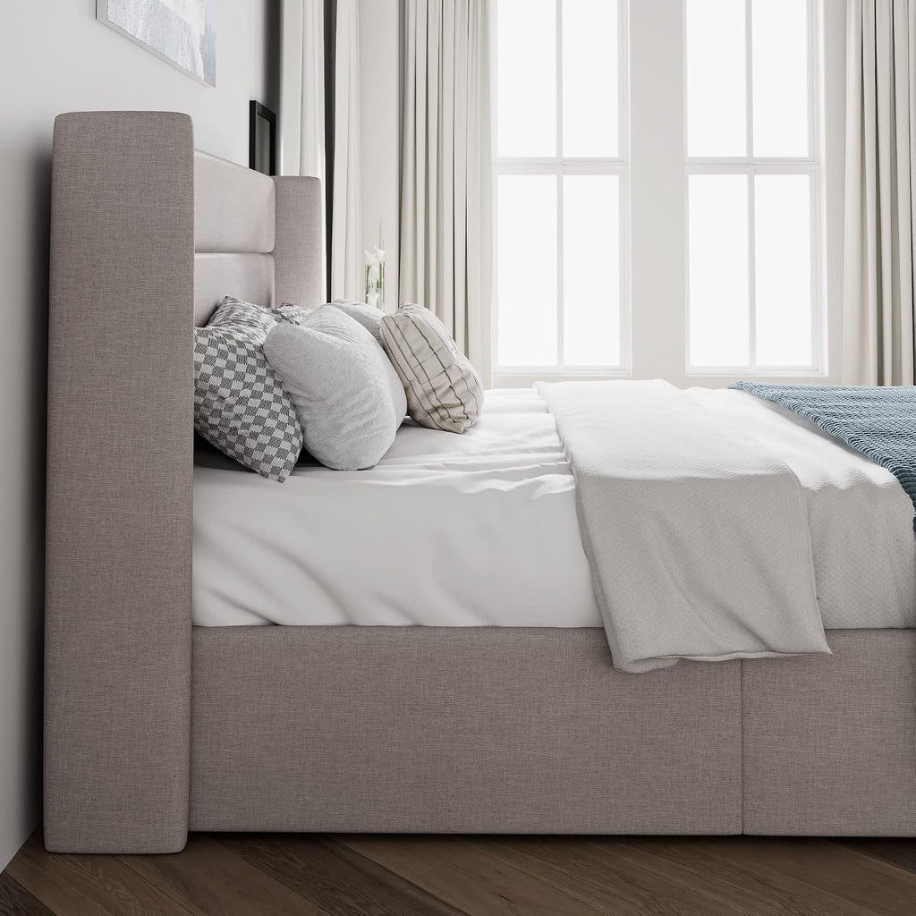 SHA CERLIN Full Size Lift Up Storage Bed/Modern Wingback Headboard/Upholstered Platform Bed Frame/Hydraulic Storage/No Box Spring Needed/Wood Slats Support/Light Beige