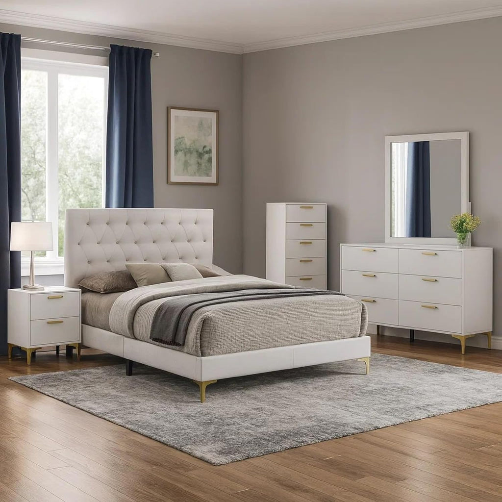 Benzara Dle 5 Piece Queen Bedroom Set, White Faux Leather, Modern Gold Accents