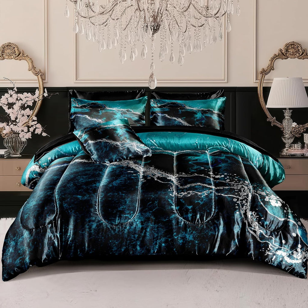 Bedorm Blue Marble Comforter Set King Silky Satin Bed in A Bag Black Marble Stone Abstract Texture Silk Like Black Satin Bedding Set with Comforter and Sheet Set
