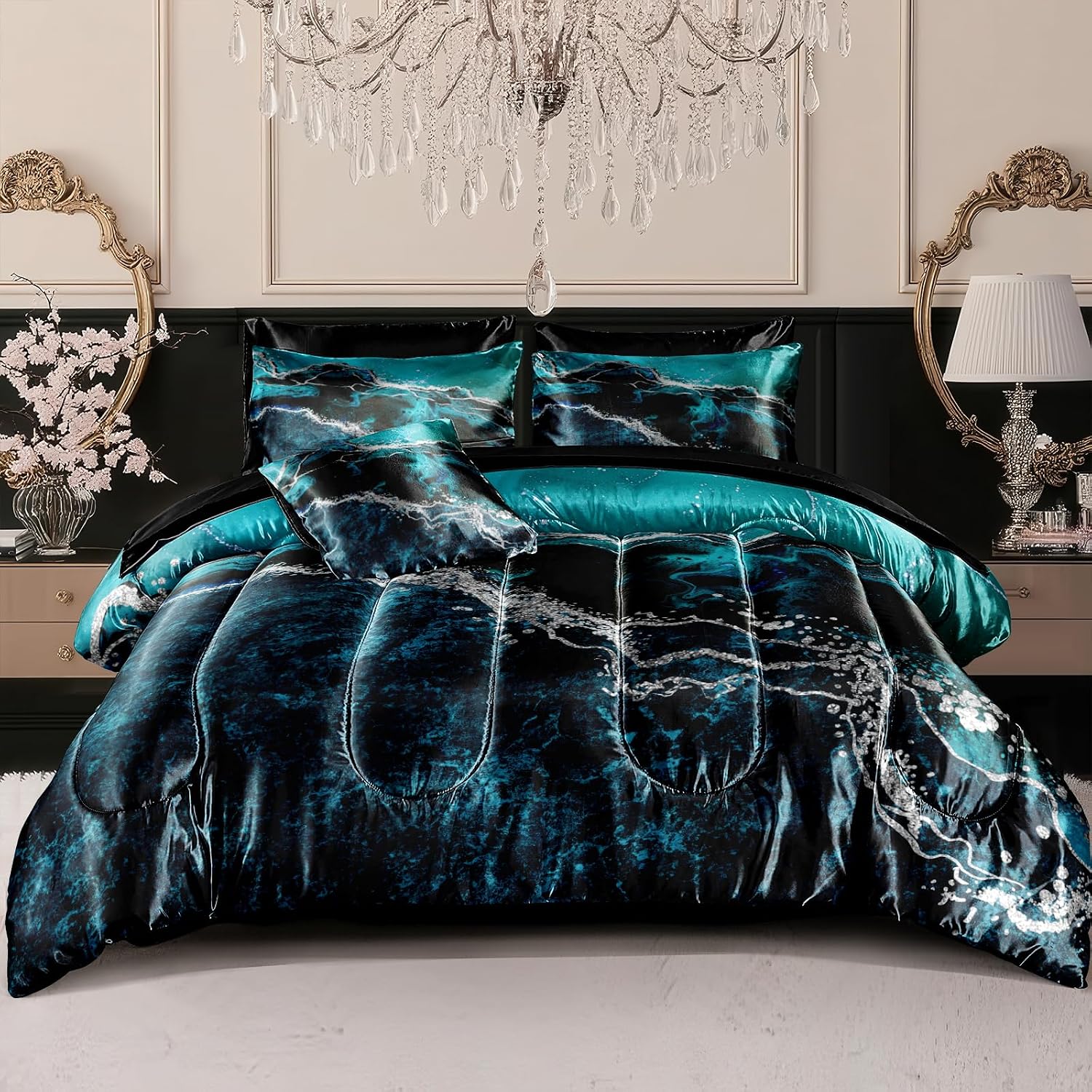 Bedorm Blue Marble Comforter Set King Silky Satin Bed in A Bag Black Marble Stone Abstract Texture Silk Like Black Satin Bedding Set with Comforter and Sheet Set